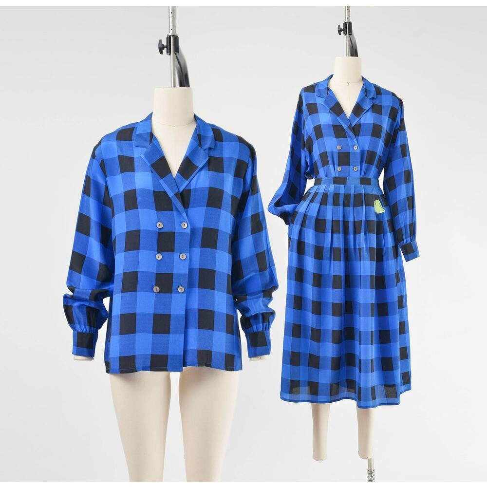 Vintage 80s Silk Blouse and Skirt Set Blue and Black Buffalo Plaid Two Piece S